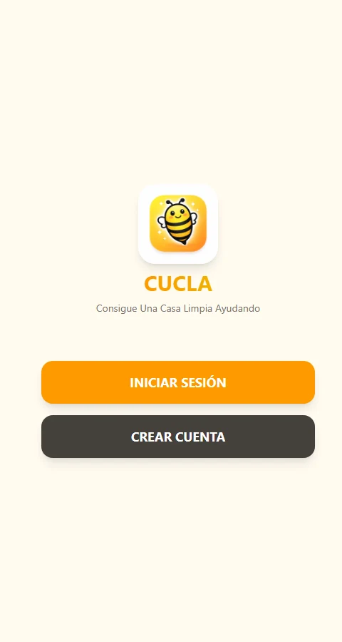 Pantalla de inicio de CUCLA: una abeja, el nombre y los botones Iniciar sesión y Crear cuenta