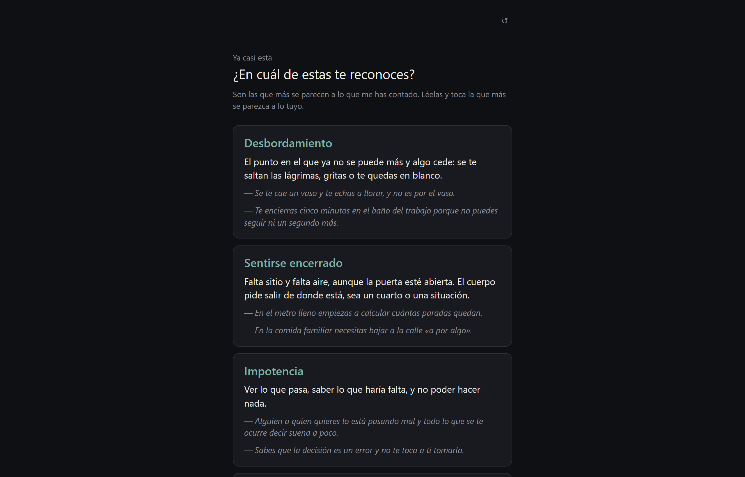 Cuatro emociones candidatas, cada una con su nombre, su definición y dos escenas