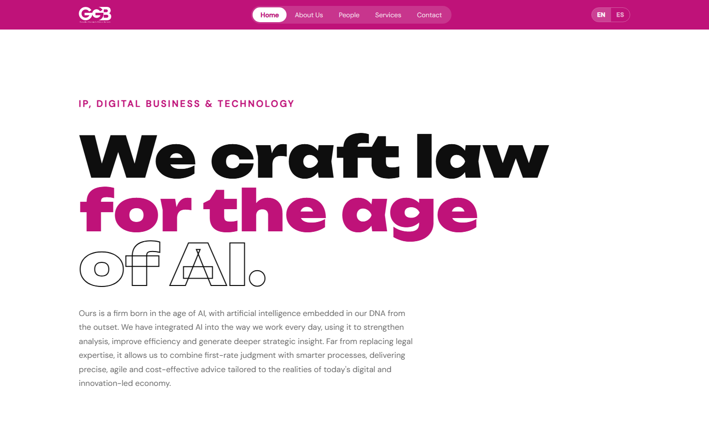 Portada de gg-gb.com: «We craft law for the age of AI» en negro, magenta y contorno