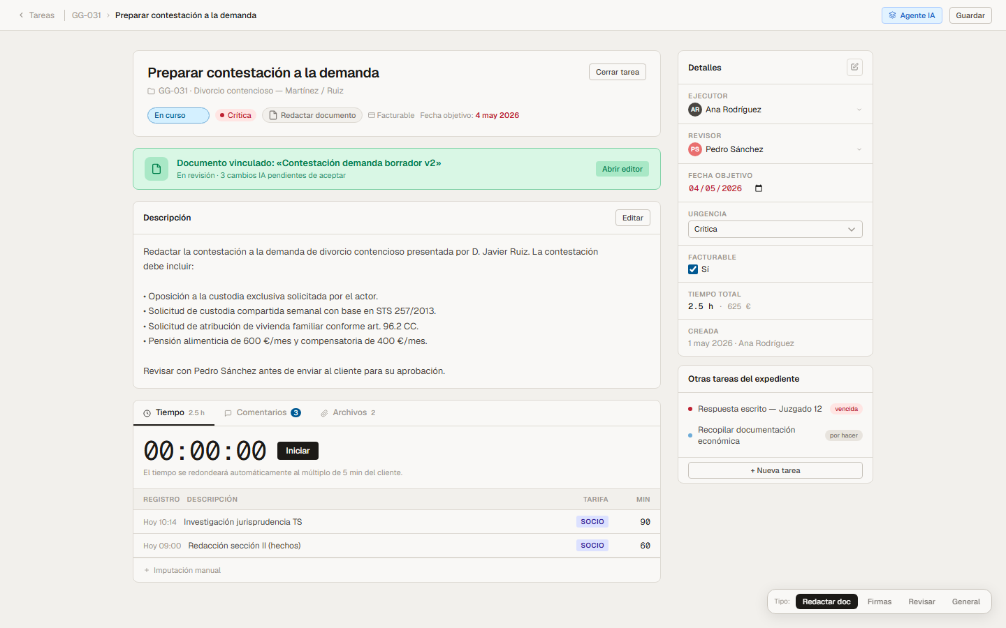 Detalle de una tarea: documento vinculado, descripción, cronómetro de horas y detalles del responsable