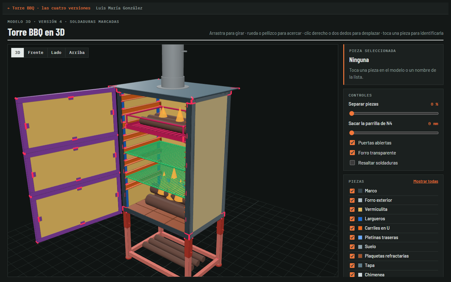 Modelo 3D de la torre con las puertas abiertas y las piezas de colores